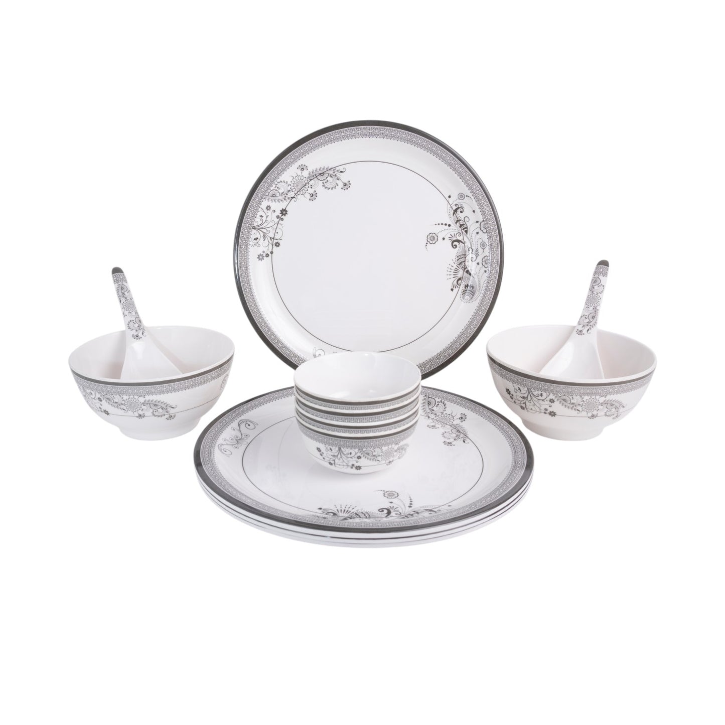 SUPERWARE | Pure Melamine | Dinner Set - Silver Lace | Set Of 12 Pcs. | Stain Free, Glazed Finish