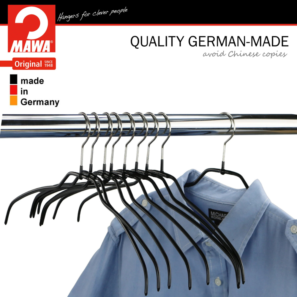MAWA | Made in Germany | Metal Hanger Set | Shirt Hanger | Silhouette 42/FT | Collar Shape | Non-Slip Coating | 360° Rotatable Swivel Hook | Space Saver | 20 Pieces