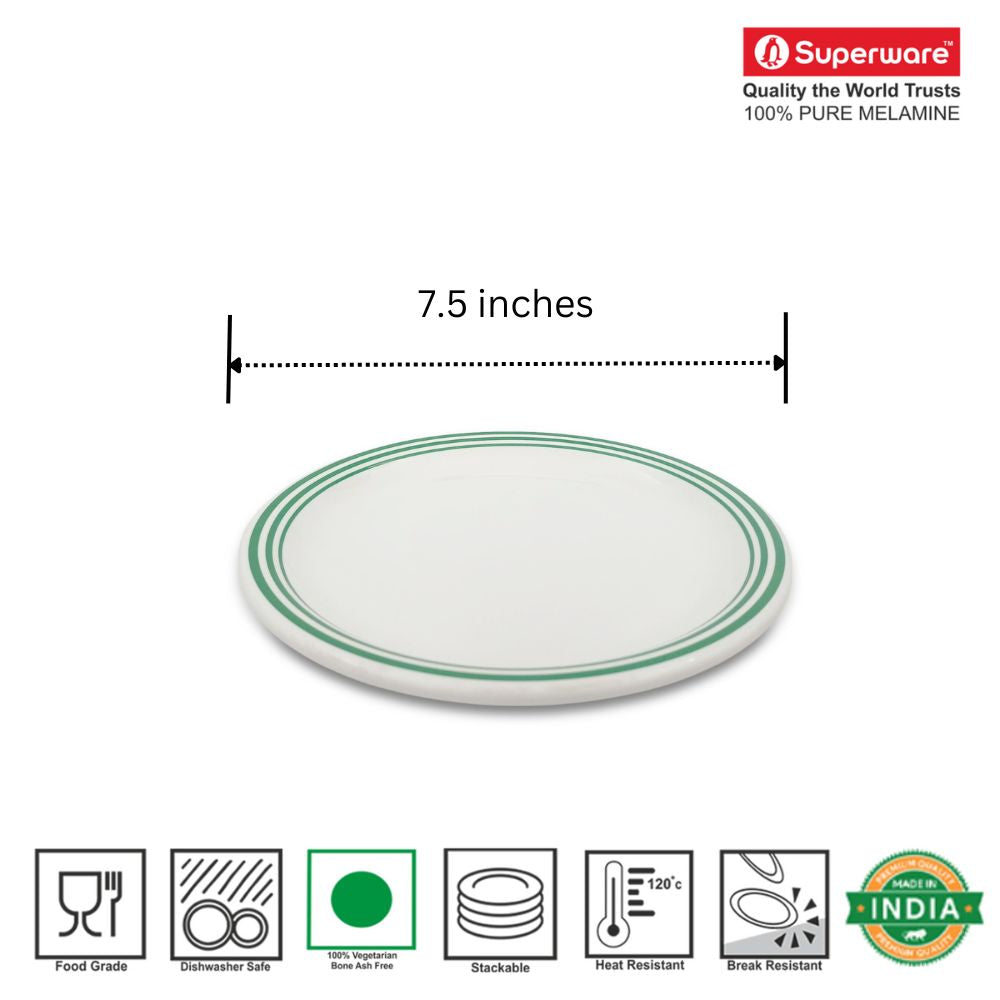 SUPERWARE | Pure melamine | Small Plate Set - Green Lines (7.5") | 6 Nos. | Stain Free, Glazed Finish