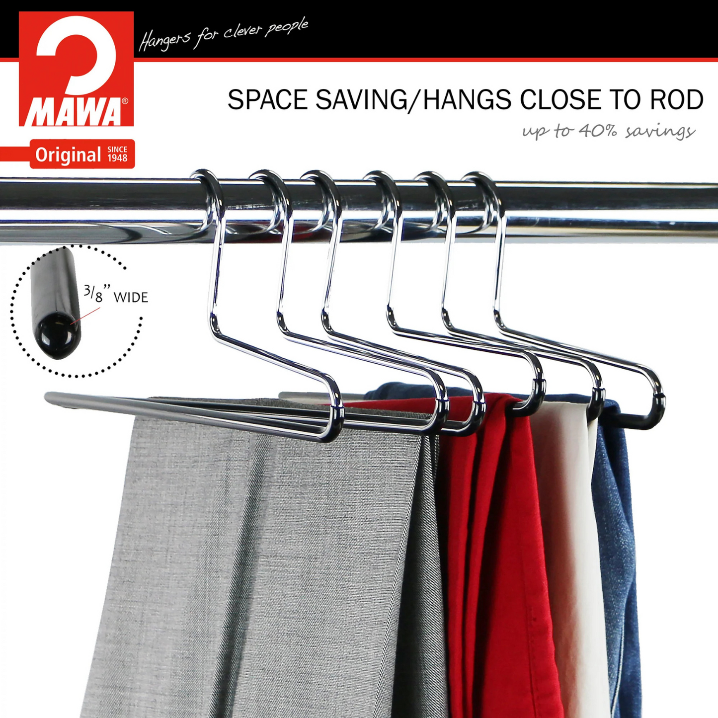 MAWA | Made in Germany | Metal Hanger Set | Trouser Hanger | KHC 35 | Anti-Slip Bar | Space Saver | 10 Pieces