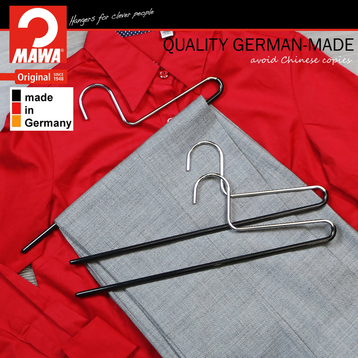 MAWA | Made in Germany | Metal Hanger Set | Trouser Hanger | KHC 35 | Anti-Slip Bar | Space Saver | 10 Pieces