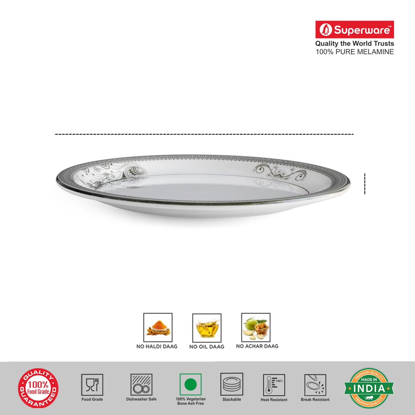 SUPERWARE | Pure Melamine | Dinner Plate Set – SILVER LACE (11.0") | 6 Nos. | Stain Free, Glazed Finish