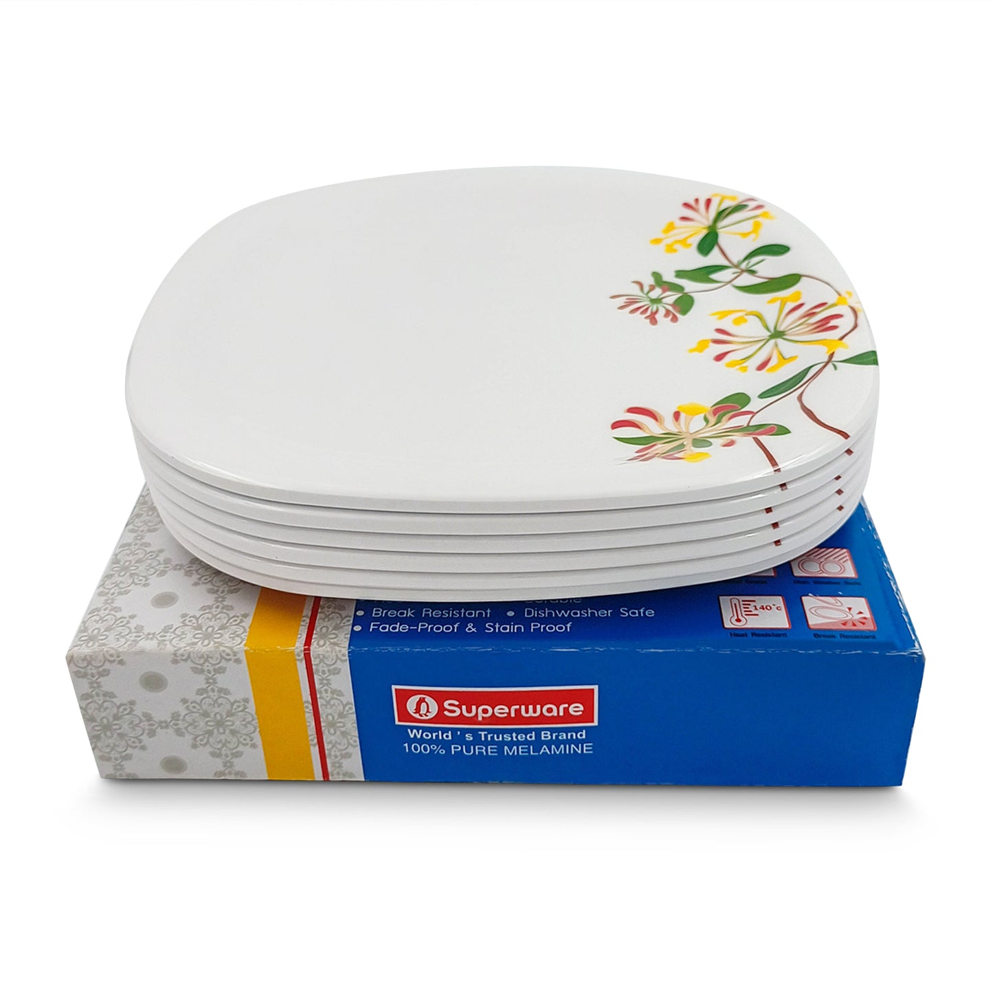 SUPERWARE | Pure Melamine | Buffet Plate Set 12.5" - Botanic Flower (12.5”) | 6 Nos. | Stain Free, Glazed Finish