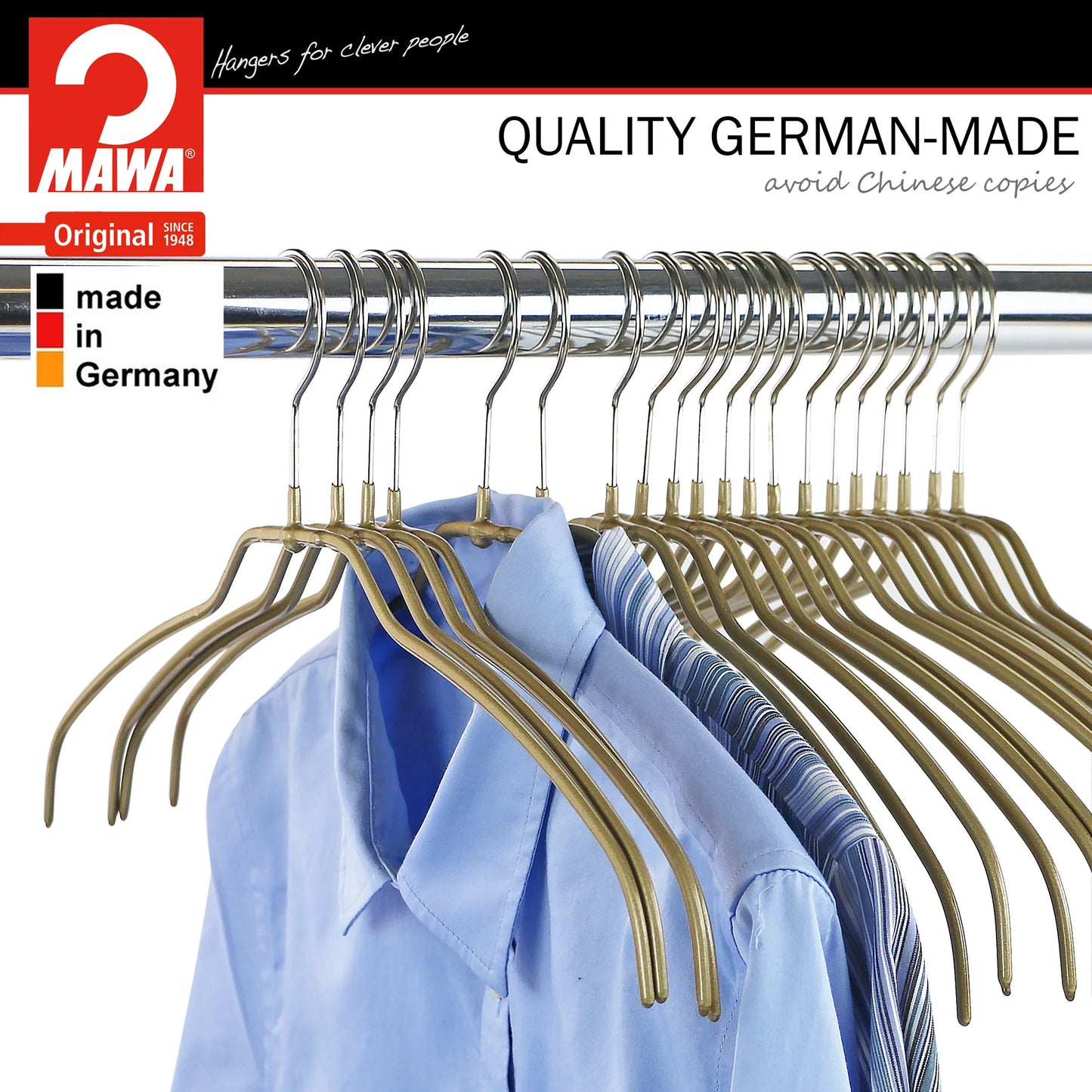 MAWA | Made in Germany | Metal Hanger Set | Shirt Hanger | Silhouette 42/FT | Collar Shape | Non-Slip Coating | 360° Rotatable Swivel Hook | Space Saver | 20 Pieces
