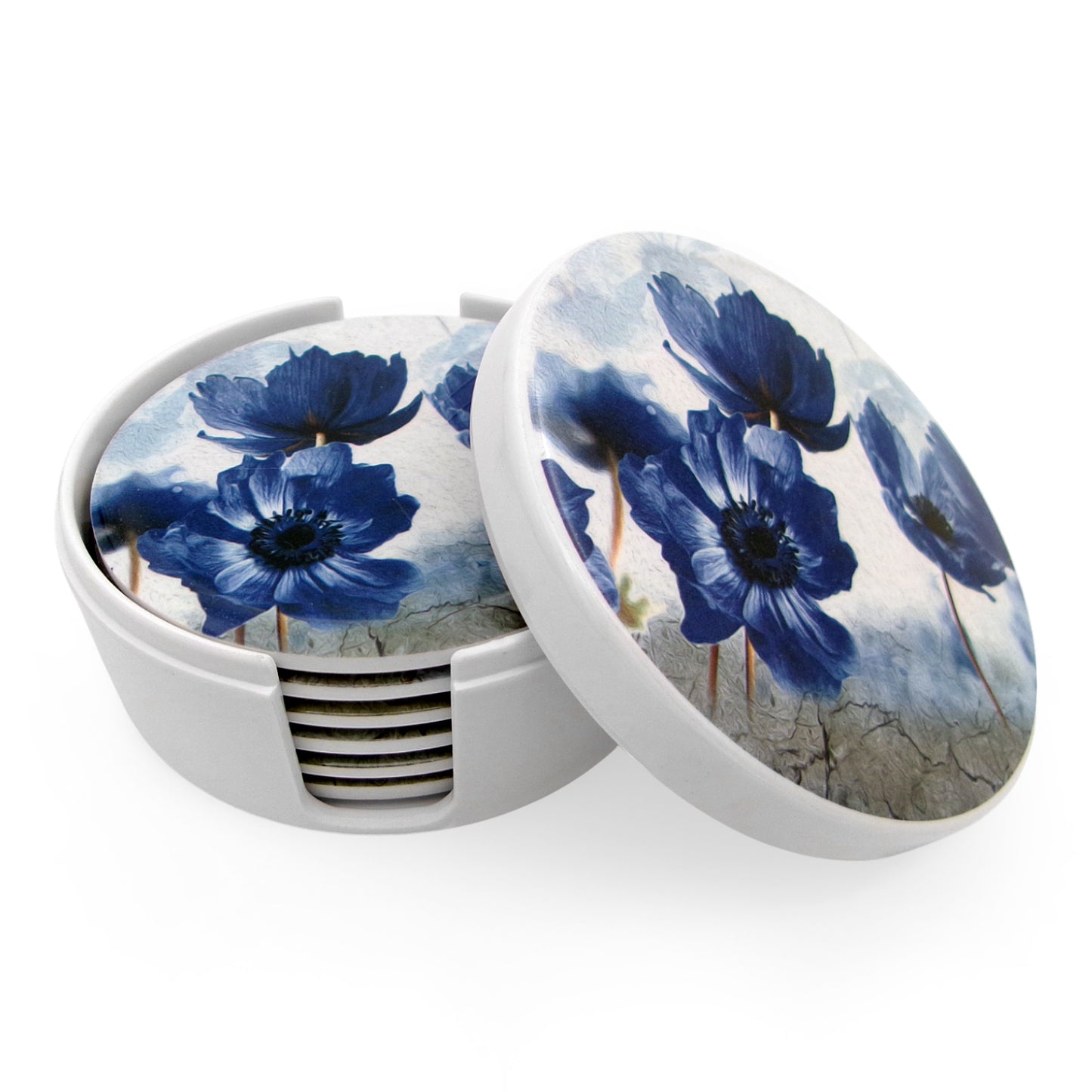 SUPERWARE | Pure Melamine | Coasters- Blue Poppy On White | Set Of 8 Pcs | Stain Free, Glazed Finish