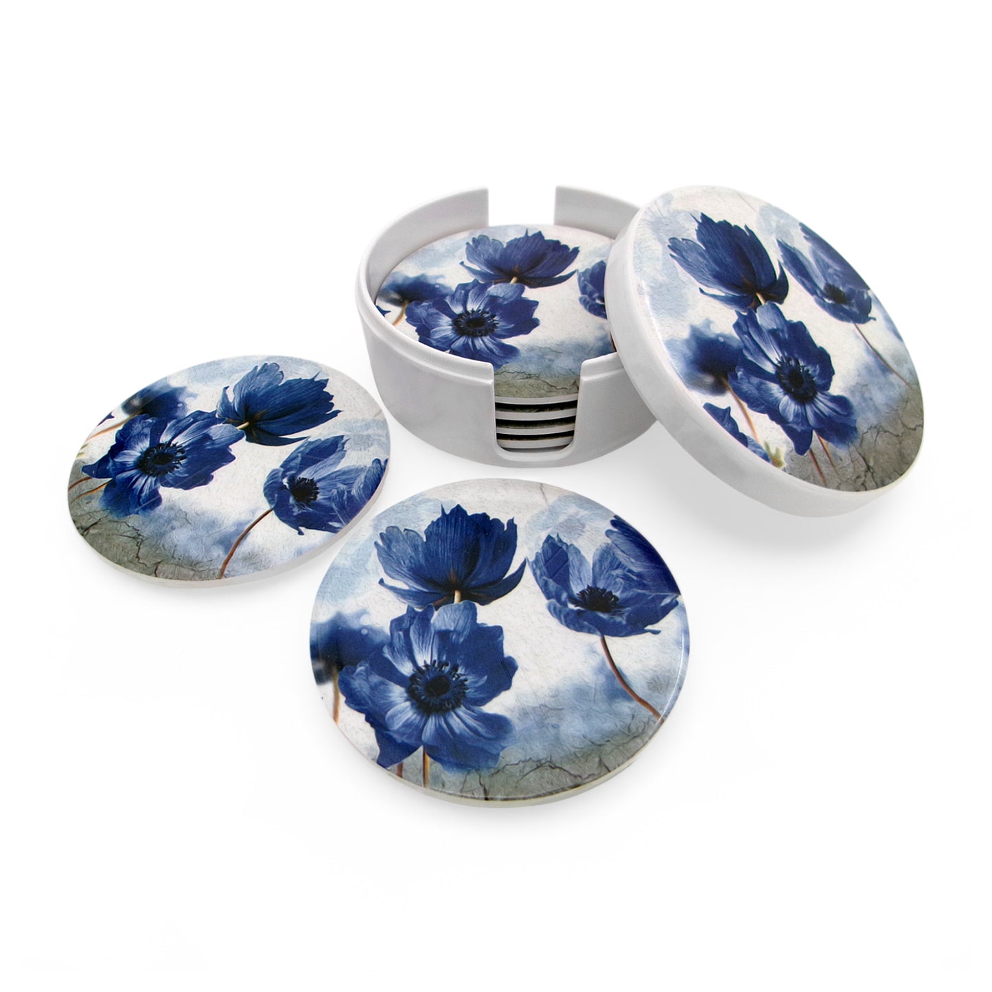 SUPERWARE | Pure Melamine | Coasters- Blue Poppy On White | Set Of 8 Pcs | Stain Free, Glazed Finish