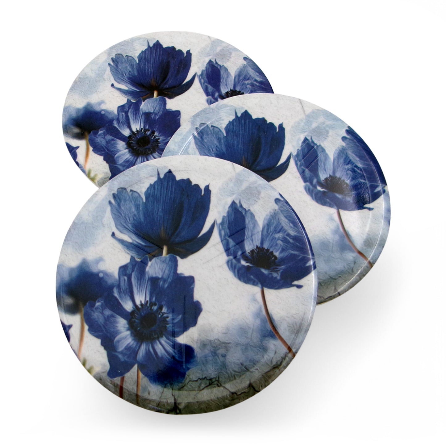 SUPERWARE | Pure Melamine | Coasters- Blue Poppy On White | Set Of 8 Pcs | Stain Free, Glazed Finish