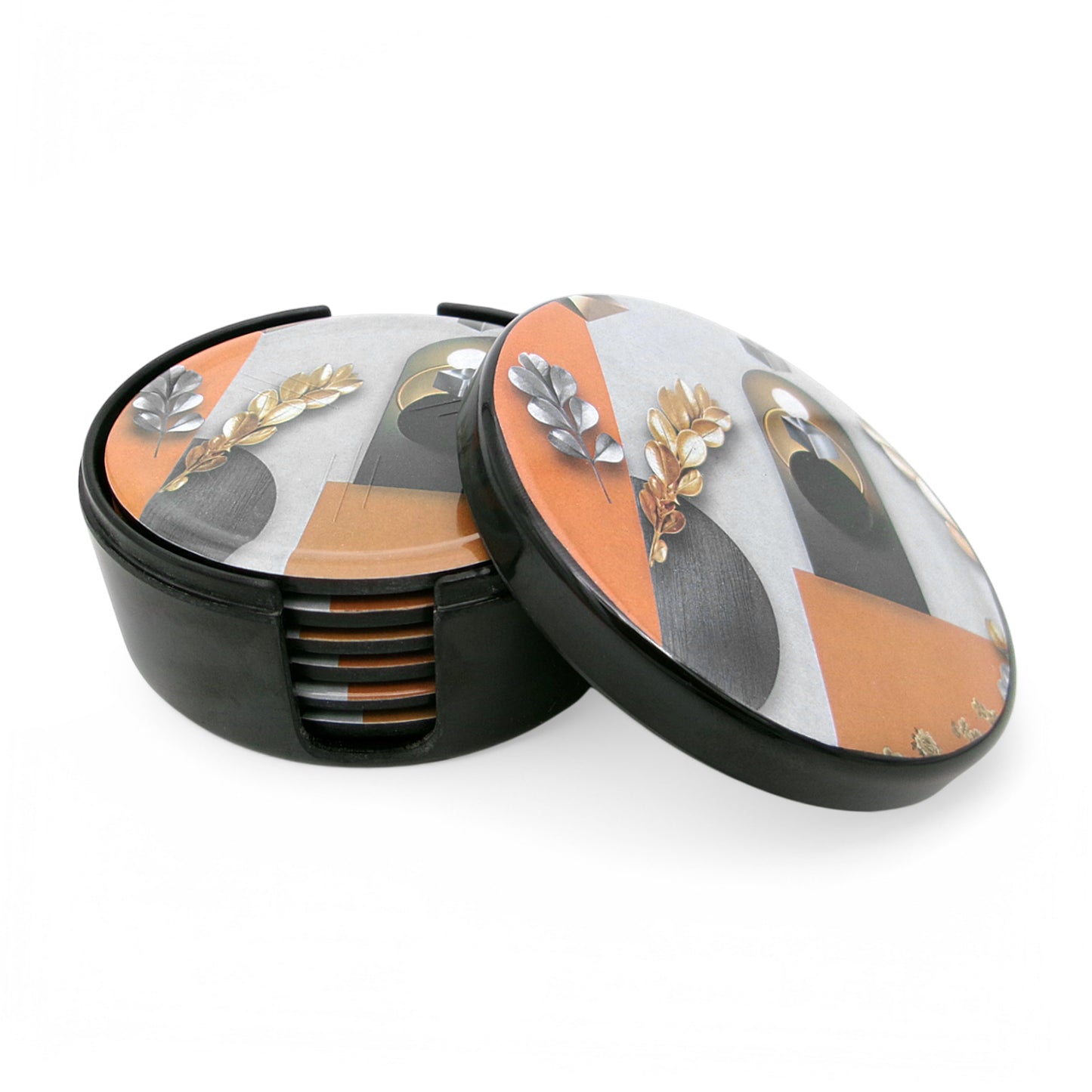 SUPERWARE | Pure Melamine | Coasters - Foliage On Black | Set Of 8 Pcs | Stain Free, Glazed Finish