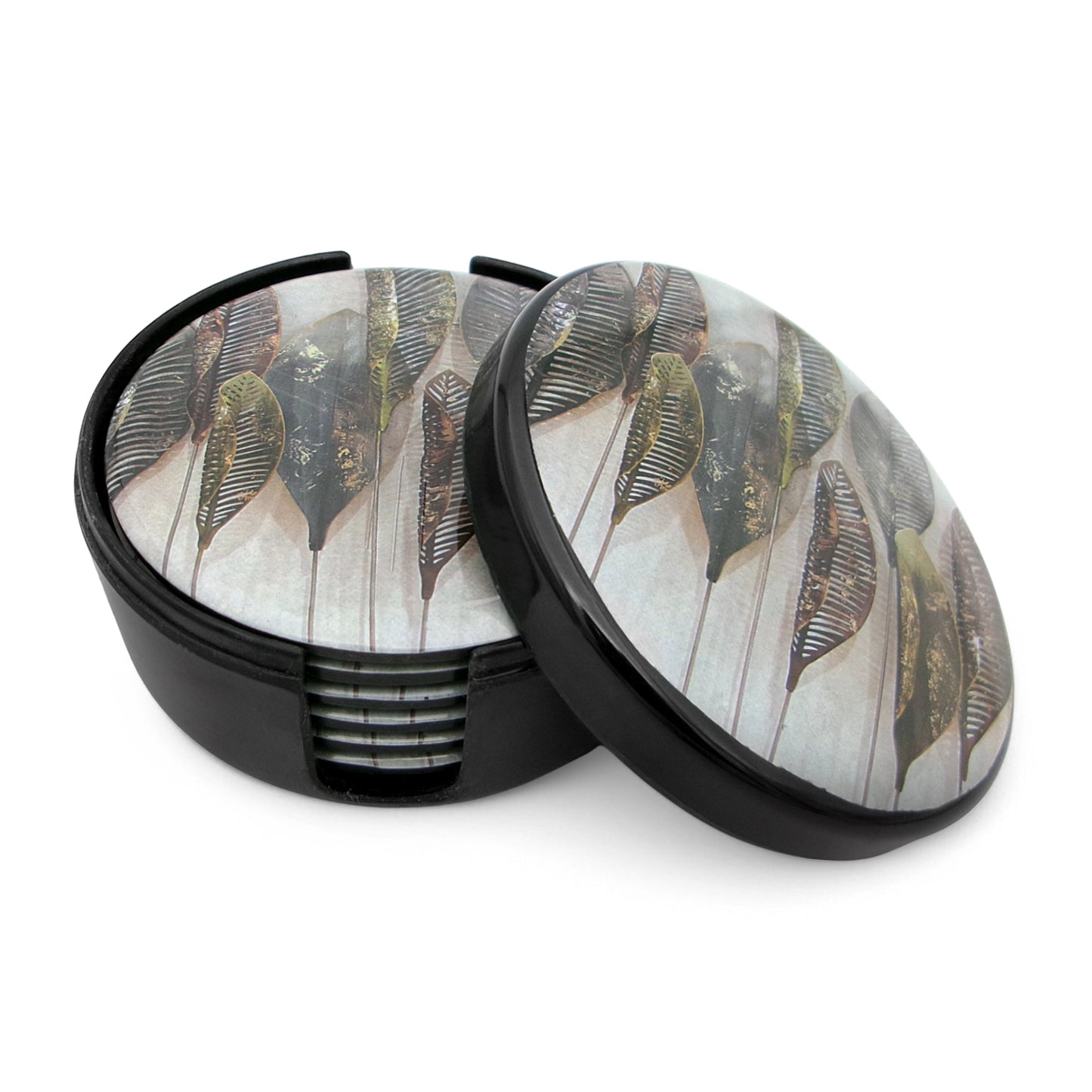 SUPERWARE | Pure Melamine | Coasters - Layla Leave On Black | Set Of 8 Pcs | Stain Free, Glazed Finish
