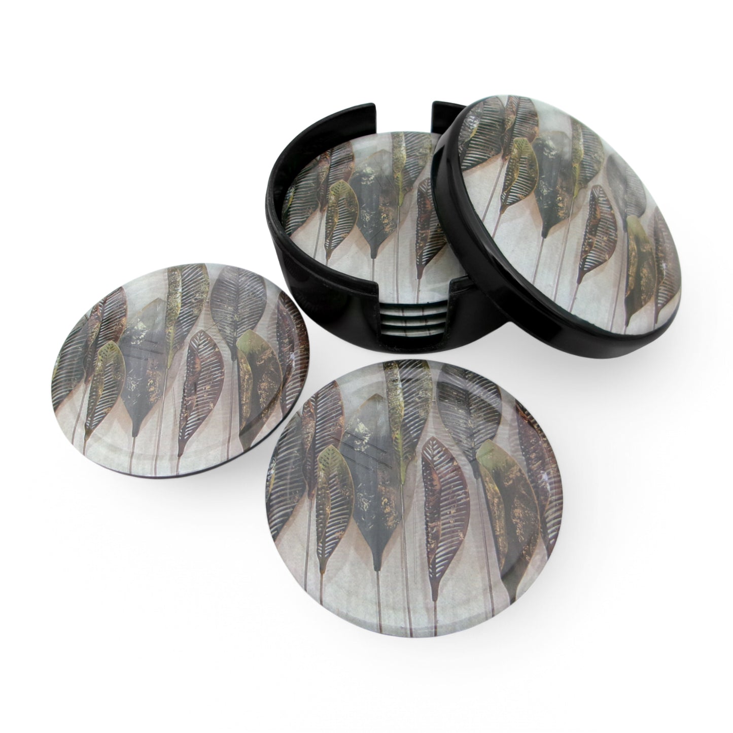 SUPERWARE | Pure Melamine | Coasters - Layla Leave On Black | Set Of 8 Pcs | Stain Free, Glazed Finish