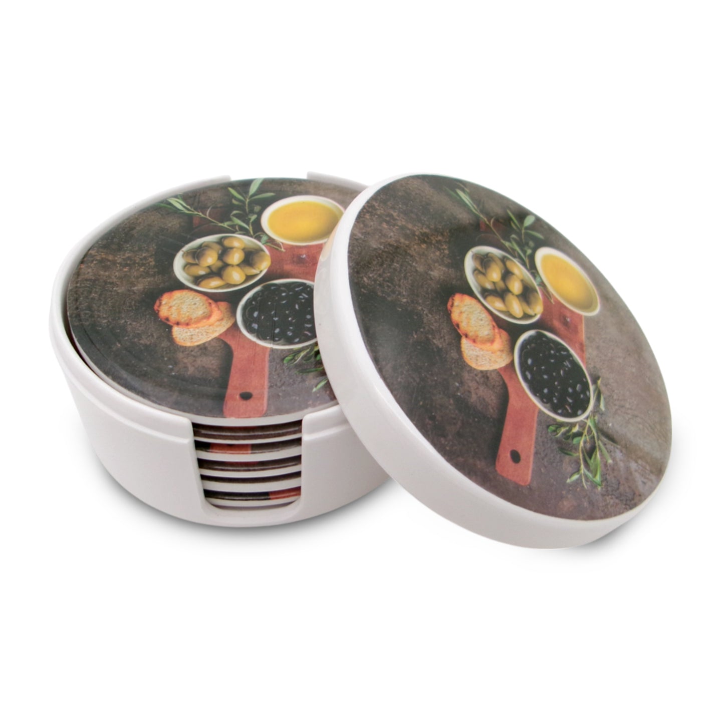 SUPERWARE | Pure Melamine | Coasters - Olive Oil On White | Set Of 8 Pcs | Stain Free, Glazed Finish