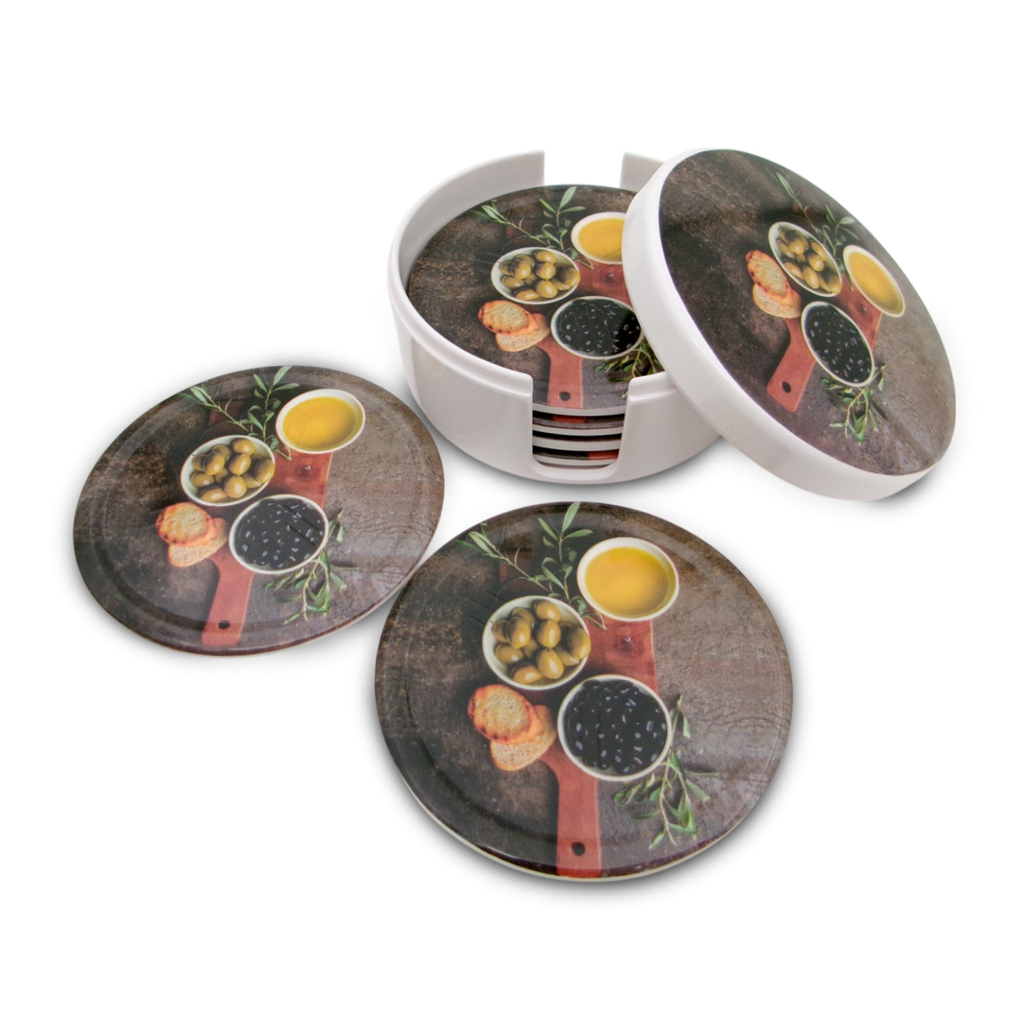 SUPERWARE | Pure Melamine | Coasters - Olive Oil On White | Set Of 8 Pcs | Stain Free, Glazed Finish