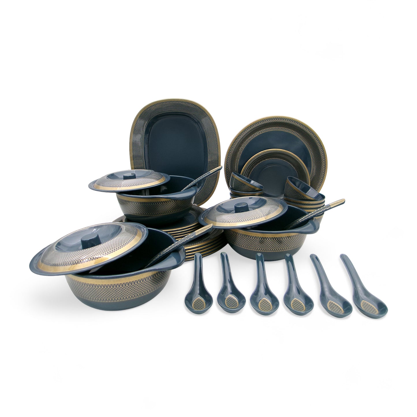 SUPERWARE | Pure Melamine | Dinner Set - Golden Glory Navy Blue | Set Of 40 Pcs. | Stain Free, Glazed Finish