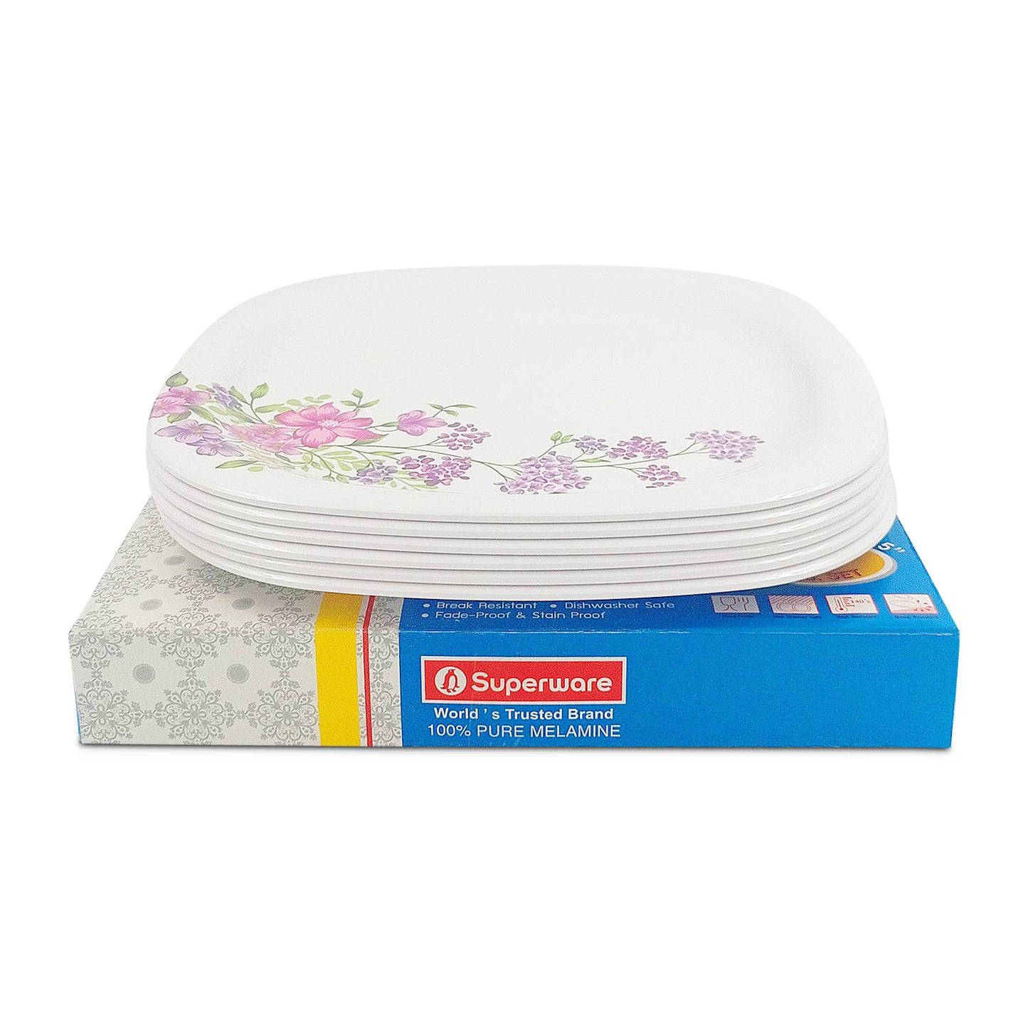 SUPERWARE | Pure Melamine | Small Plate Set - Lilac Flower (7.5") | 6 Nos.| Stain Free, Glazed Finish