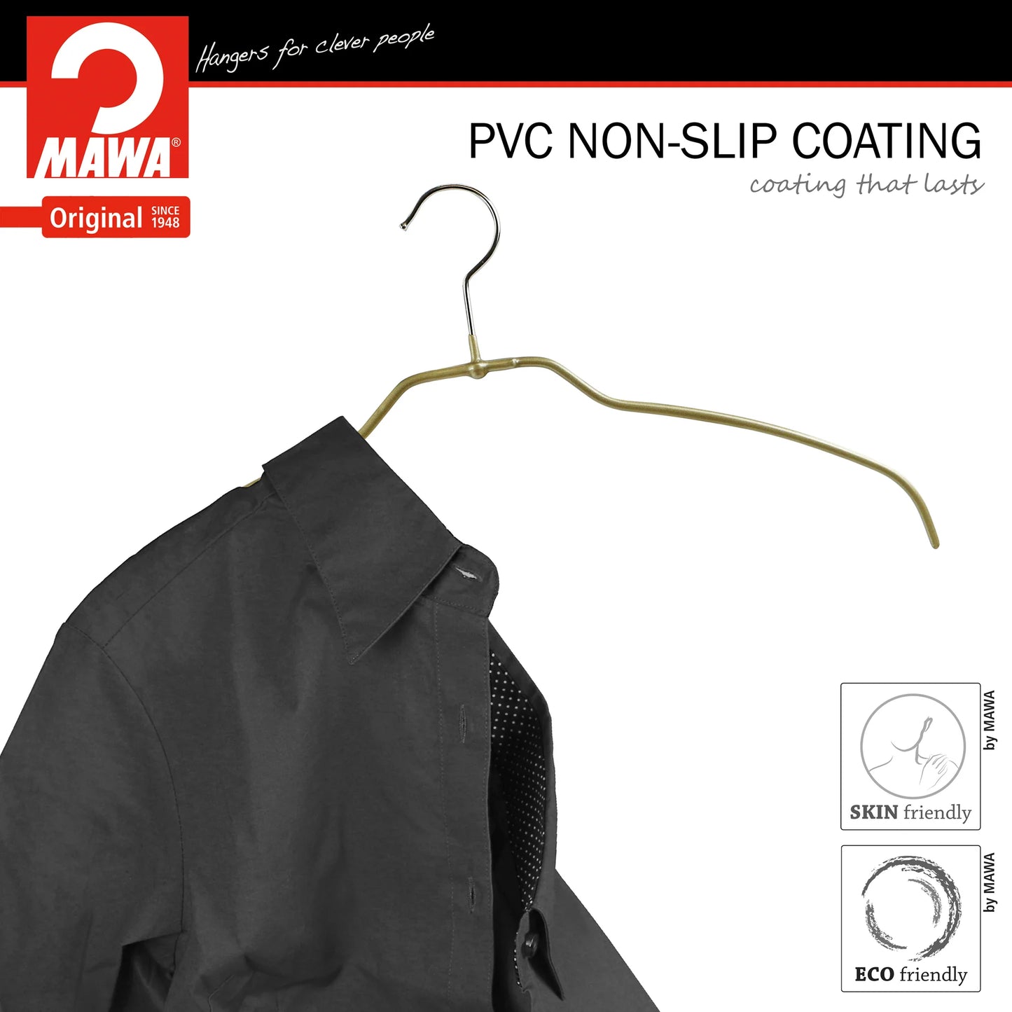 MAWA | Made in Germany | Metal Hanger Set | Silhouette 41/F | Shirt Hanger | Collar Shape | Non-Slip Coating | 360° Rotatable Swivel Hook | Space Saver | 10 Pieces
