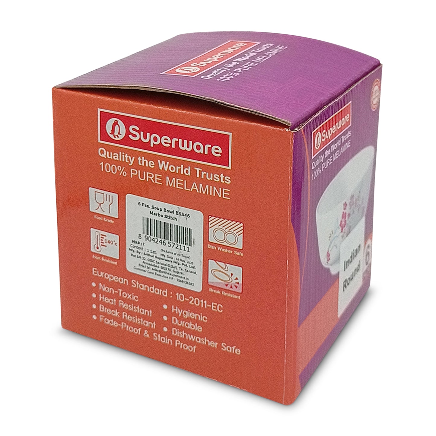 SUPERWARE | Pure Melamine | Bowl Set - Marbo Stitch 4" | 6 Nos. | Stain Free, Glazed Finish