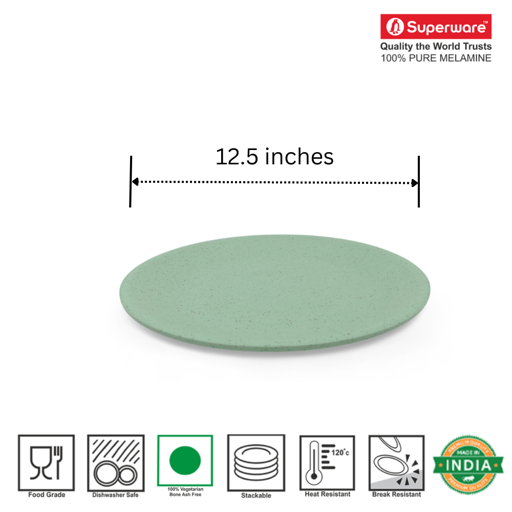 SUPERWARE | Pure Melamine | Round Buffet Plate Set – Green Sand (12.5”) | 6 Nos. | Stain Free, Glazed Finish