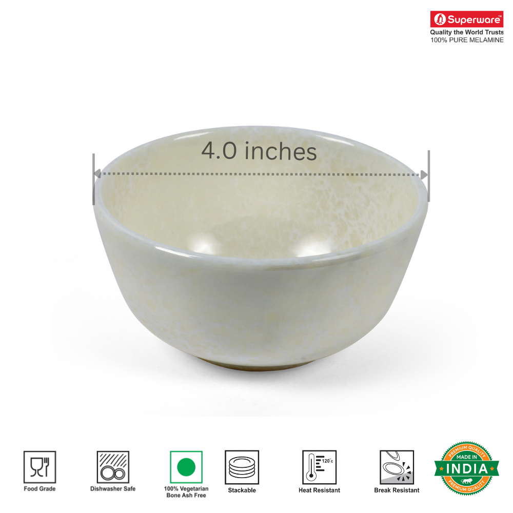 SUPERWARE | Pure Melamine | Bowl Set - Glossy Super Pearl 4" | 6 Nos.| Stain Free, Glazed Finish