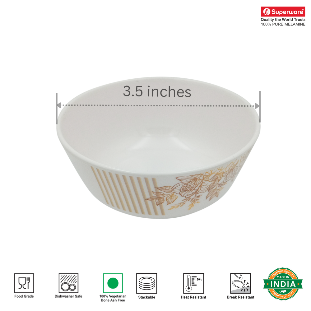 SUPERWARE | Pure Melamine | Katori Set - GOLD ROSE (3.5") | 6 Nos. | Stain Free, Glazed Finish