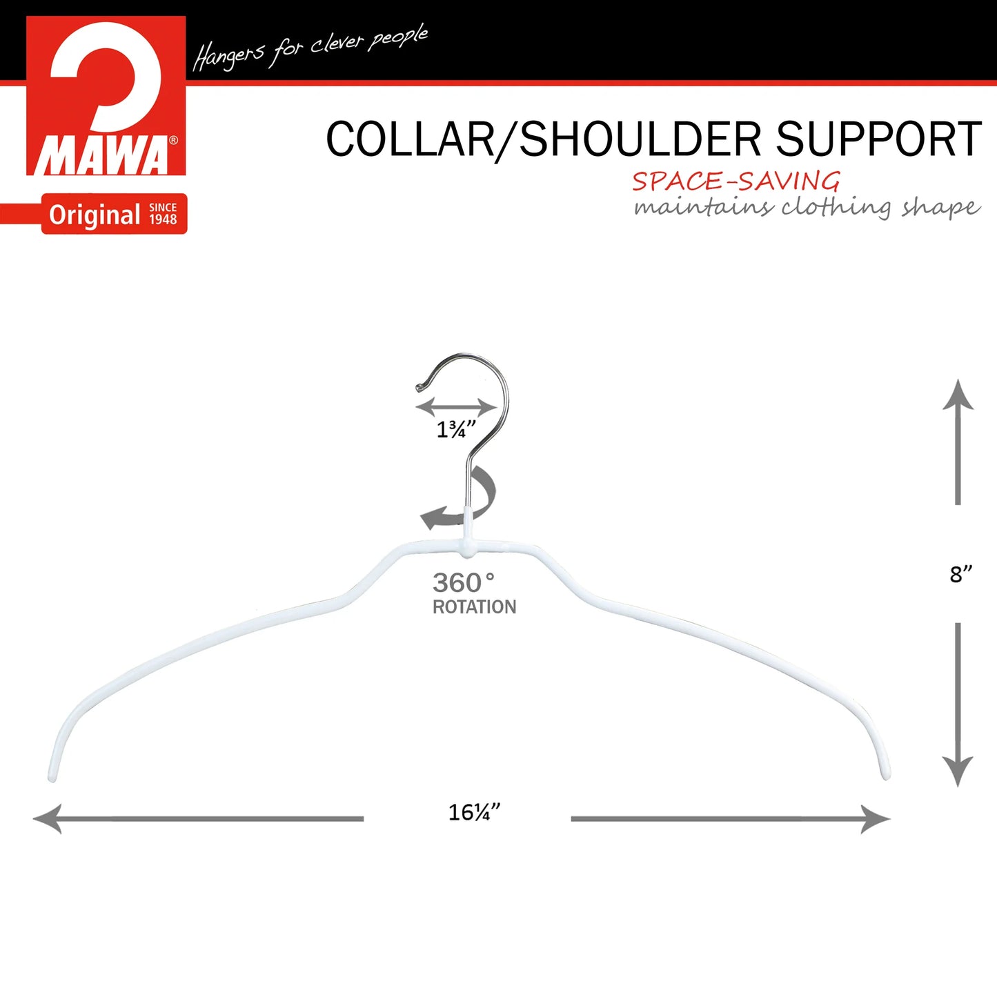 MAWA | Made in Germany | Metal Hanger Set | Shirt Hanger | Silhouette 42/FT | Collar Shape | Non-Slip Coating | 360° Rotatable Swivel Hook | Space Saver | 20 Pieces