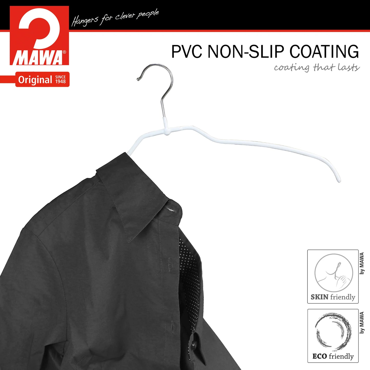 MAWA | Made in Germany | Metal Hanger Set | Shirt Hanger | Silhouette 42/FT | Collar Shape | Non-Slip Coating | 360° Rotatable Swivel Hook | Space Saver | 20 Pieces