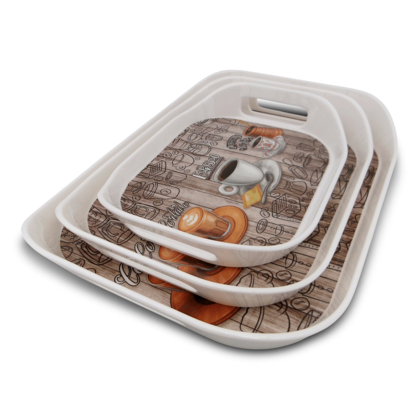 SUPERWARE | Pure Melamine | Rando Tray Set - Coffee Club | Set Of 3 Pcs.| Stain Free, Glazed Finish