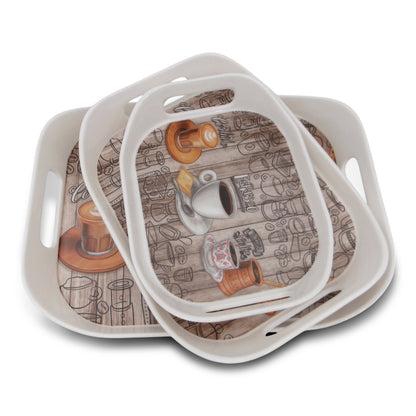 SUPERWARE | Pure Melamine | Rando Tray Set - Coffee Club | Set Of 3 Pcs.| Stain Free, Glazed Finish