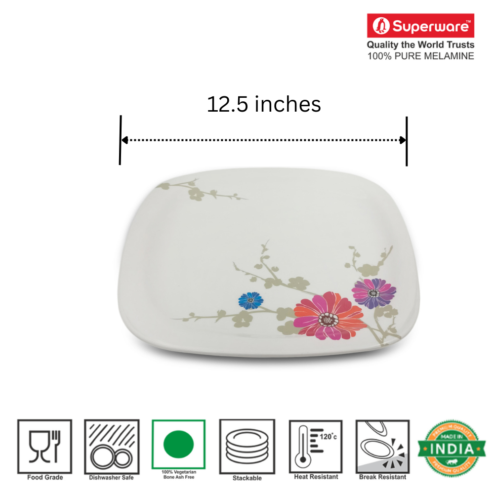 SUPERWARE | Pure Melamine | Buffet Plate Set – Barbeto Daisy (12.5”) | 6 Nos. | Stain Free, Glazed Finish