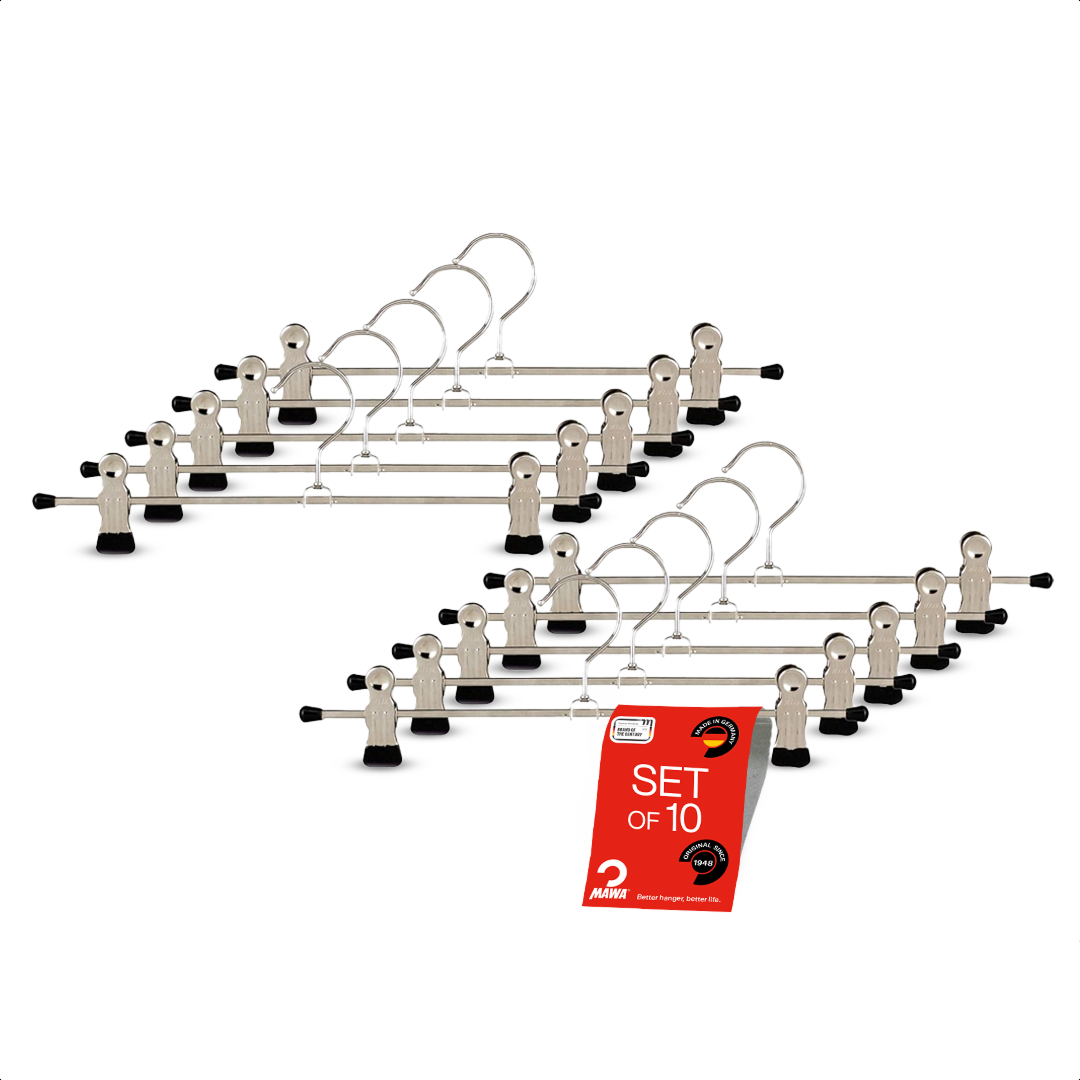 MAWA | Made in Germany | Metal Hanger Set | Trouser Hanger | Clip K 30/D | Two Adjustable MAWA Clips | 360° Rotatable Swivel Hook | Space Saver | 10 Pieces