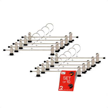 MAWA | Made in Germany | Metal Hanger Set | Trouser Hanger | Clip K 30/D | Two Adjustable MAWA Clips | 360° Rotatable Swivel Hook | Space Saver | 10 Pieces