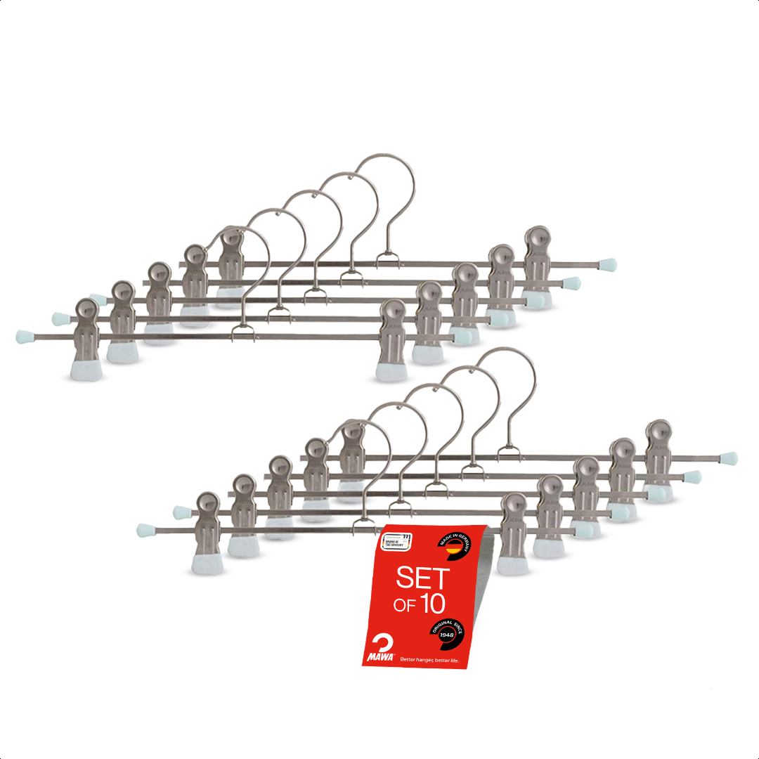 MAWA | Made in Germany | Metal Hanger Set | Trouser Hanger | Clip K 30/D | Two Adjustable MAWA Clips | 360° Rotatable Swivel Hook | Space Saver | 10 Pieces