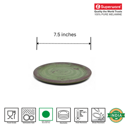 SUPERWARE | Pure Melamine | Small Plate Set - Rustic Q Olive Green-Matte (7.5") | 6 Nos. | Stain Free, Glazed Finish