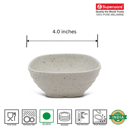 SUPERWARE | Pure Melamine | Square Bowl Set - White Sand 4" | 6 Nos. | Stain Free, Glazed Finish