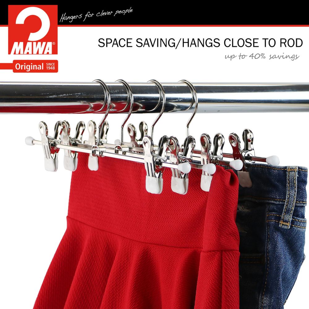 MAWA | Made in Germany | Metal Hanger Set | Trouser Hanger | Clip K 30/D | Two Adjustable MAWA Clips | 360° Rotatable Swivel Hook | Space Saver | 10 Pieces