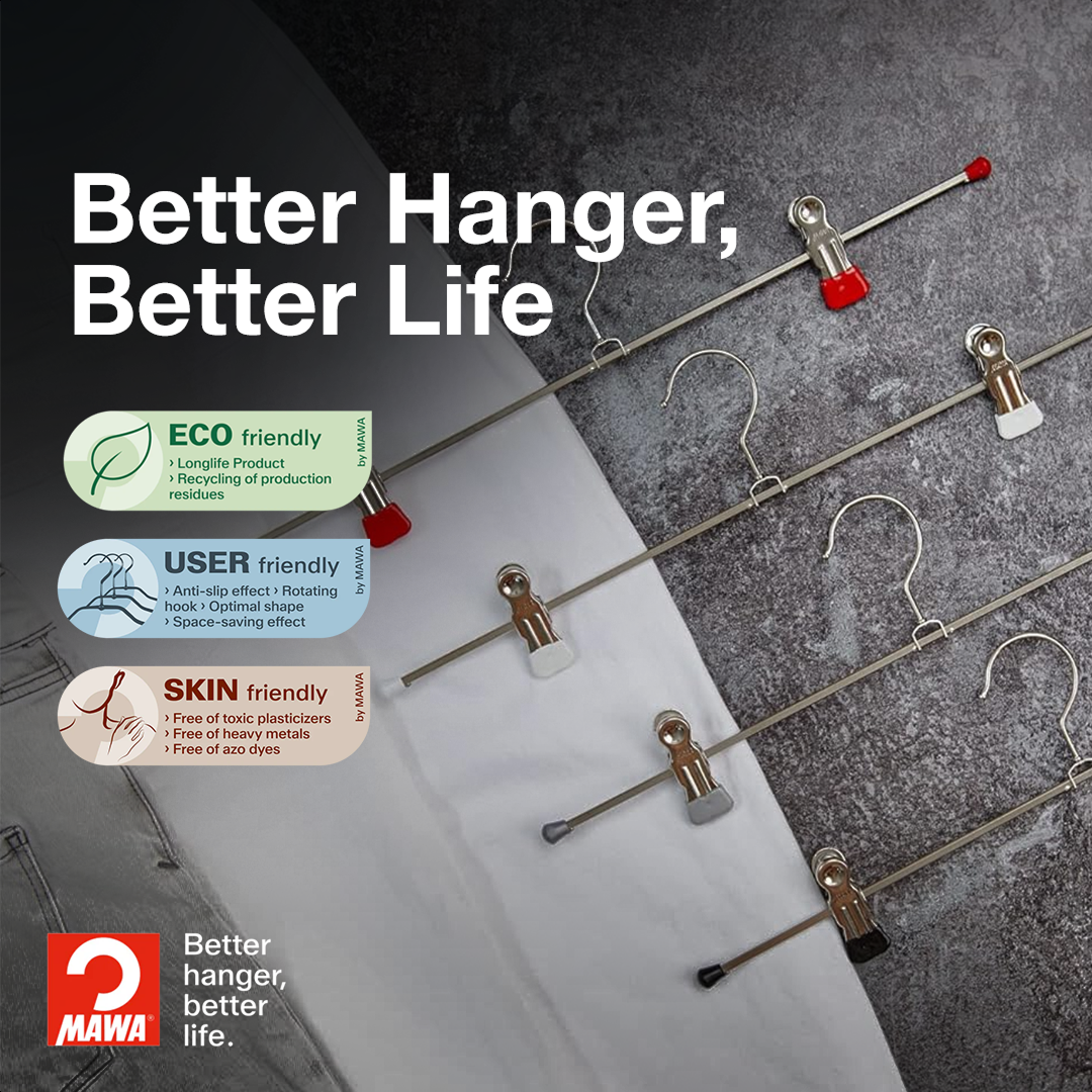 MAWA | Made in Germany | Metal Hanger Set | Trouser Hanger | Clip K 30/D | Two Adjustable MAWA Clips | 360° Rotatable Swivel Hook | Space Saver | 10 Pieces