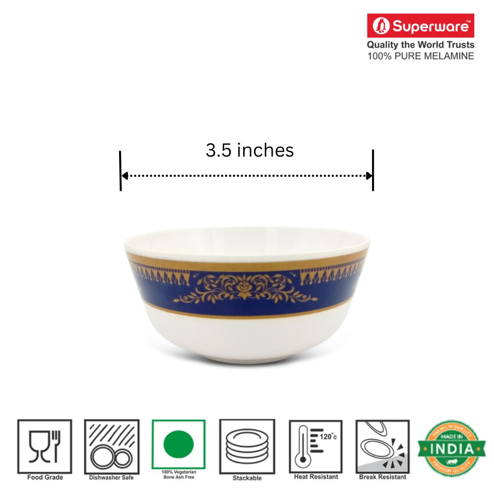 SUPERWARE | Pure Melamine | Katori Set - Blue Crown (3.5") | 6 Nos. | Stain Free, Glazed Finish
