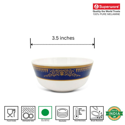 SUPERWARE | Pure Melamine | Katori Set - Blue Crown (3.5") | 6 Nos. | Stain Free, Glazed Finish