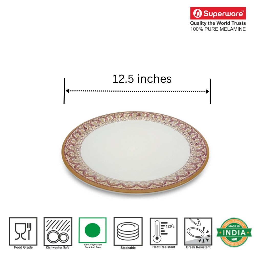 SUPERWARE | Pure Melamine | Buffet Plate Set – Vintage Maroon (12.5”) | 6 Nos. | Stain Free, Glazed Finish
