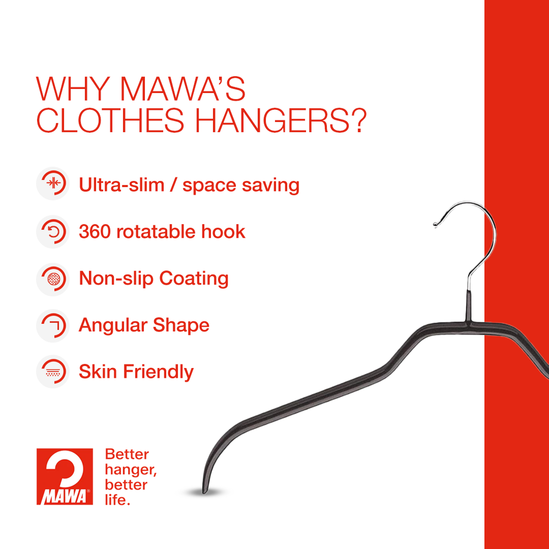 MAWA | Made in Germany | Metal Hanger Set | Silhouette 41/F | Shirt Hanger | Collar Shape | Non-Slip Coating | 360° Rotatable Swivel Hook | Space Saver | 10 Pieces
