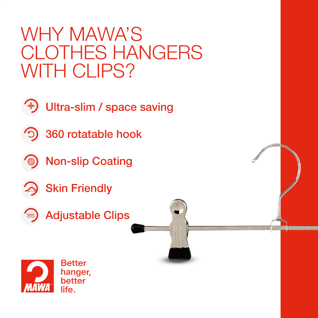 MAWA | Made in Germany | Metal Hanger Set | Trouser Hanger | Clip K 30/D | Two Adjustable MAWA Clips | 360° Rotatable Swivel Hook | Space Saver | 10 Pieces