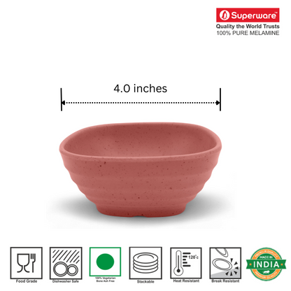SUPERWARE | Pure Melamine | Square Bowl Set - Pink Sand 4" | 6 Nos. | Stain Free, Glazed Finish