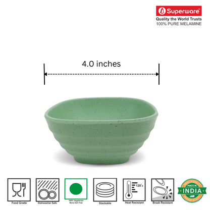 SUPERWARE | Pure Melamine | Square Bowl Set - Green Sand 4" | 6 Nos. | Stain Free, Glazed Finish