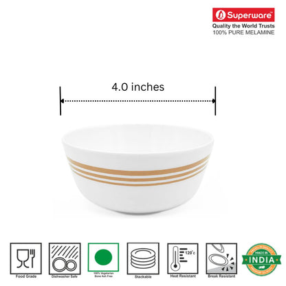 SUPERWARE | Pure Melamine | Bowl Set - Golden Lines 4" | 6 Nos. | Stain Free, Glazed Finish