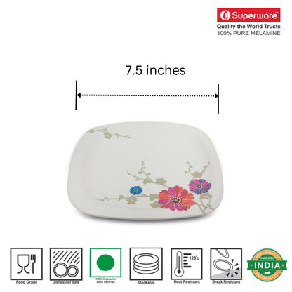 SUPERWARE | Pure Melamine | Small Plate Set - Barbeto Daisy (7.5") | 6 Nos. | Stain Free, Glazed Finish