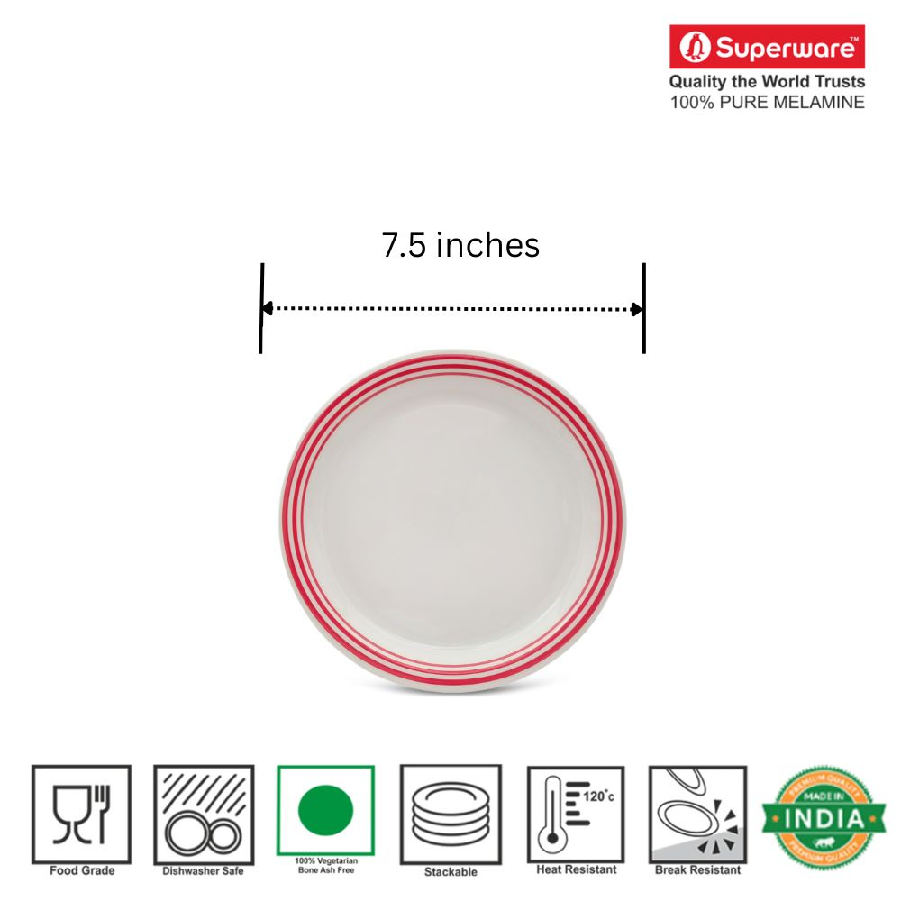 SUPERWARE | Pure melamine | Small Plate Set - Red Lines (7.5") | 6 Nos. | Stain Free, Glazed Finish