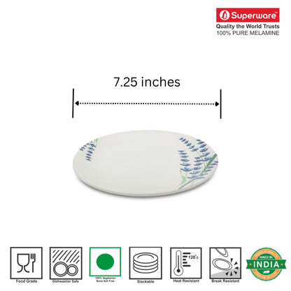SUPERWARE | Pure Melamine | Small Plate Set - Lavender (7.25") | 6 Nos. | Stain Free, Glazed Finish