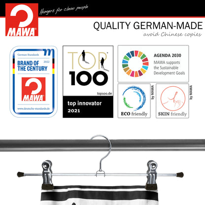 MAWA | Made in Germany | Metal Hanger Set | Trouser Hanger | Clip K 30/D | Two Adjustable MAWA Clips | 360° Rotatable Swivel Hook | Space Saver | 10 Pieces