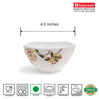 SUPERWARE | Pure Melamine | Bowl Set - Botanic Flower 4" | 6 Nos. | Stain Free, Glazed Finish