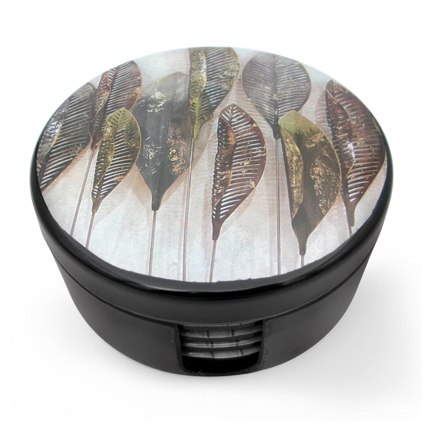 SUPERWARE | Pure Melamine | Coasters - Layla Leave On Black | Set Of 8 Pcs | Stain Free, Glazed Finish
