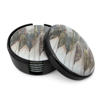 SUPERWARE | Pure Melamine | Coasters - Layla Leave On Black | Set Of 8 Pcs | Stain Free, Glazed Finish